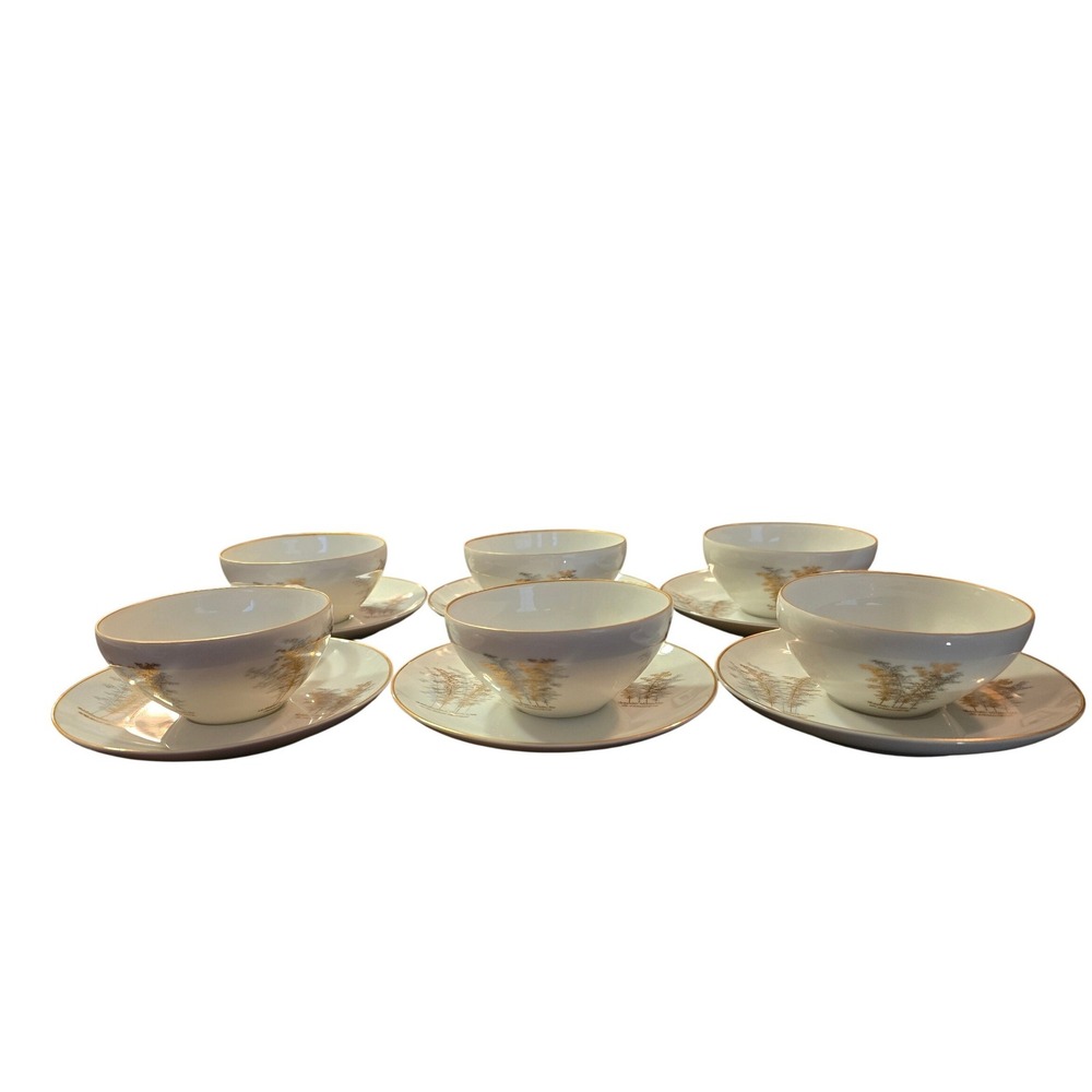 Fukagawa Arita Japan Porcelain Tea Set 6 Cups Saucers Gold Bamboo Pattern 901